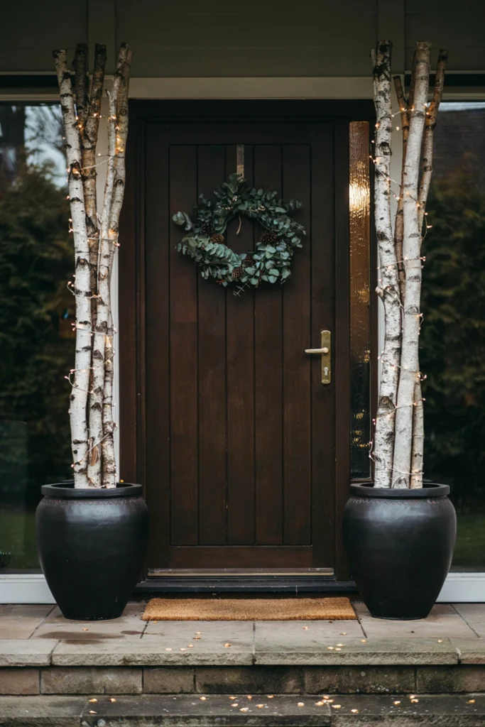 White birch branch planters with warm fairy lights flanking front door