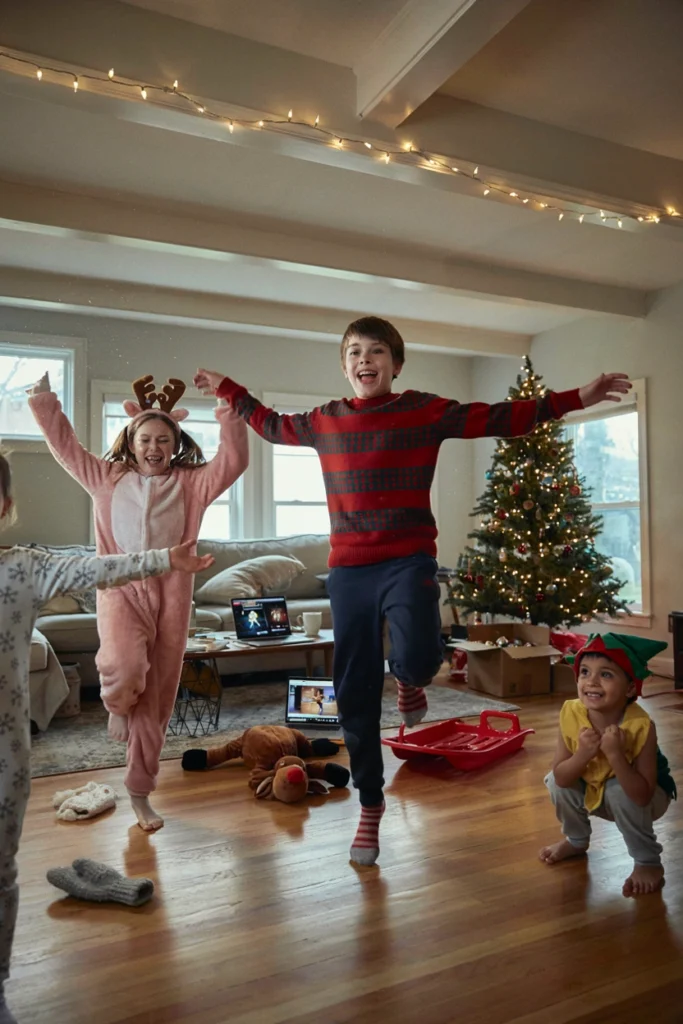 Kids frozen mid-pose in silly snowman shapes during a Christmas freeze dance game