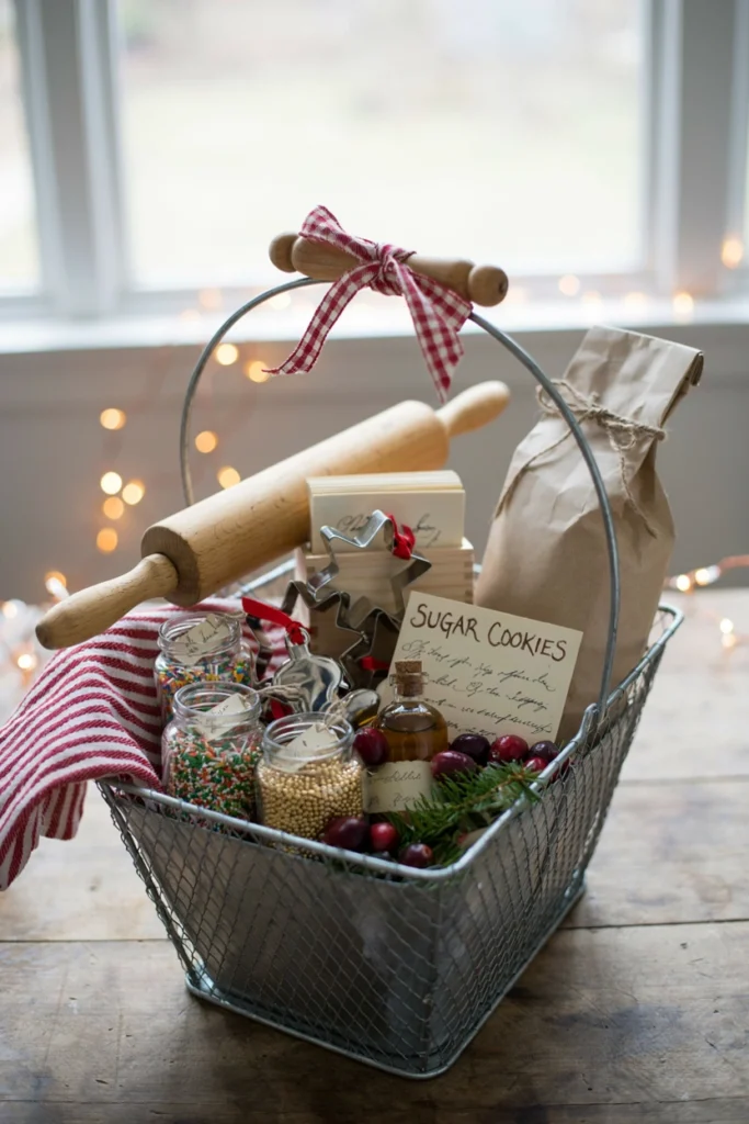 Gourmet holiday baking Christmas auction basket with cookie cutters and specialty flour