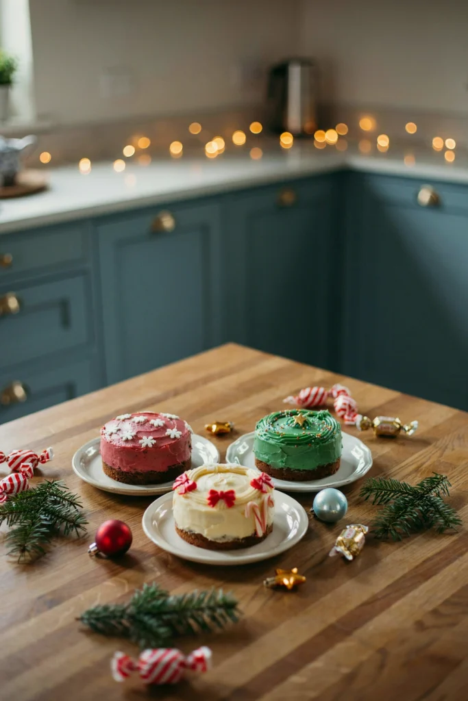 Three mini cakes in jewel tone frosting, each topped with a small glass ornament