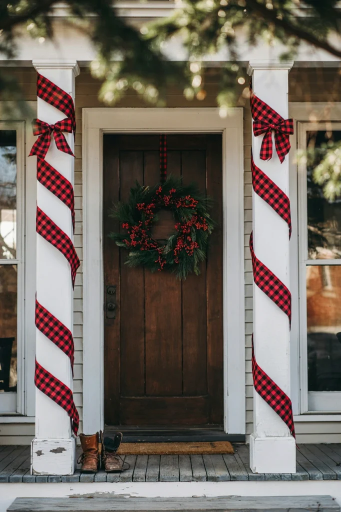 Red and black buffalo plaid ribbon wrapped around white porch columns