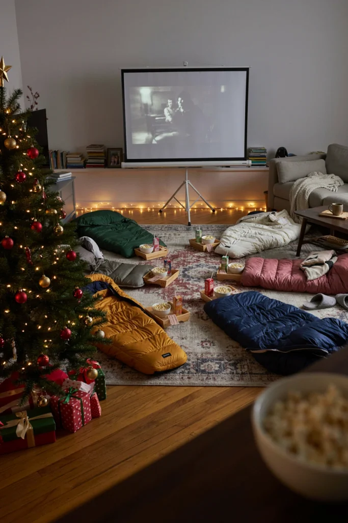 Living room styled for a teen movie night with fairy lights at couch height and floor cushions
