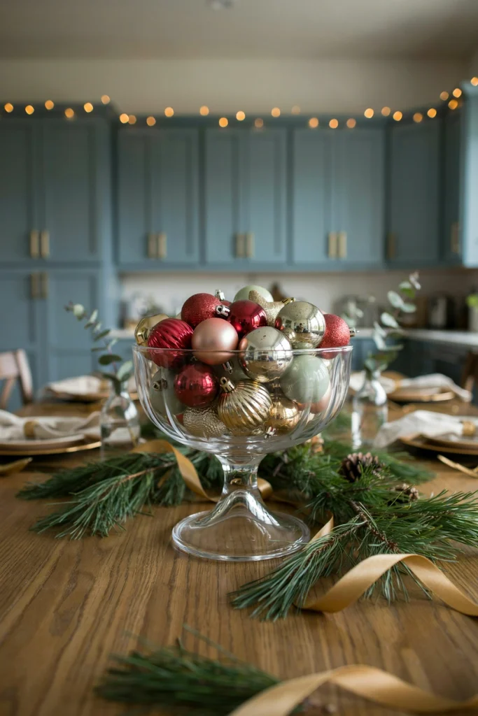 Clear glass bowl filled with mismatched vintage glass ornaments in rose, gold, and silver