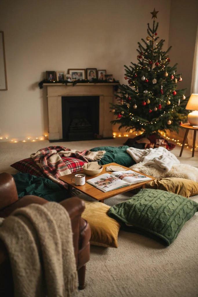 Empty cozy reading nook staged with folded throw blankets and a warm lamp glowing softly