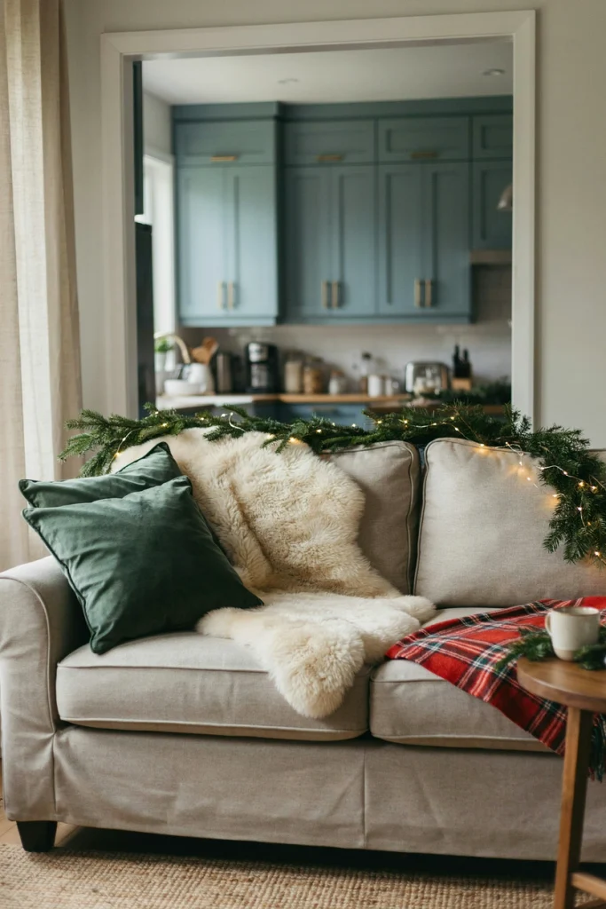 Cozy seating nook with a faux fur throw layered over a buffalo plaid blanket and a lit candle