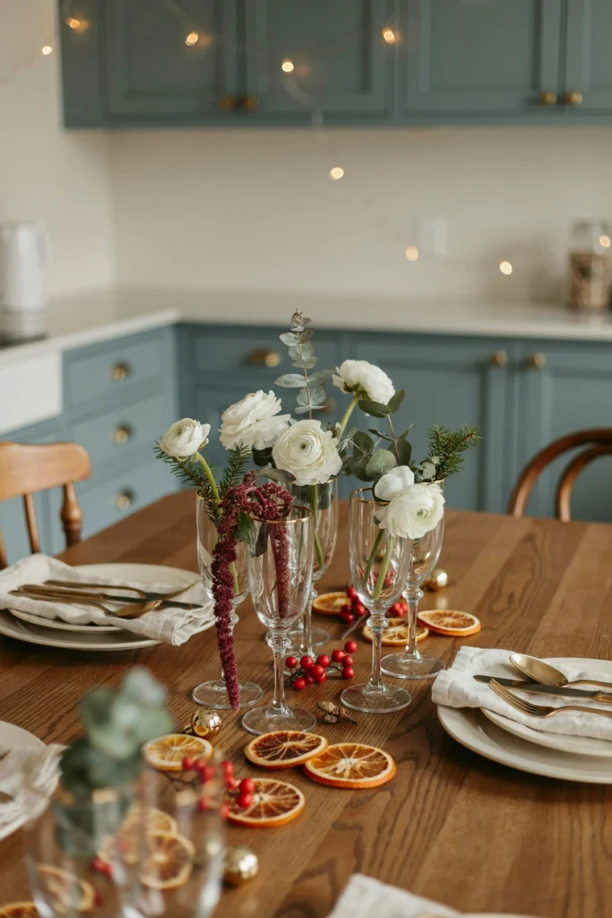 Cluster of vintage champagne coupes each holding a single floral stem