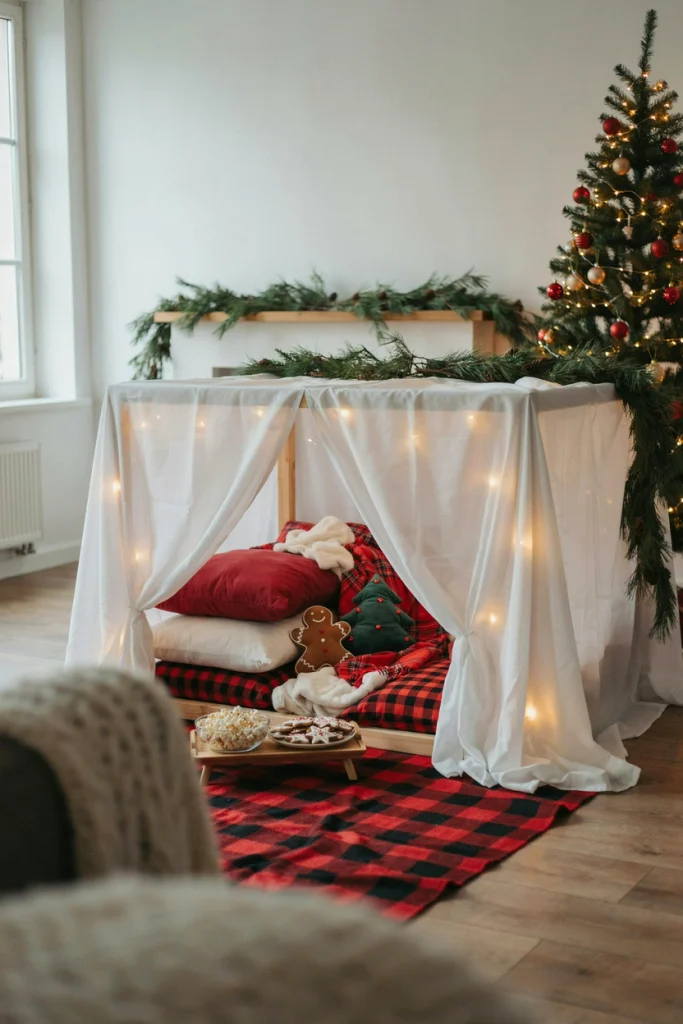 Cozy blanket fort with buffalo check pillows and warm lights inside