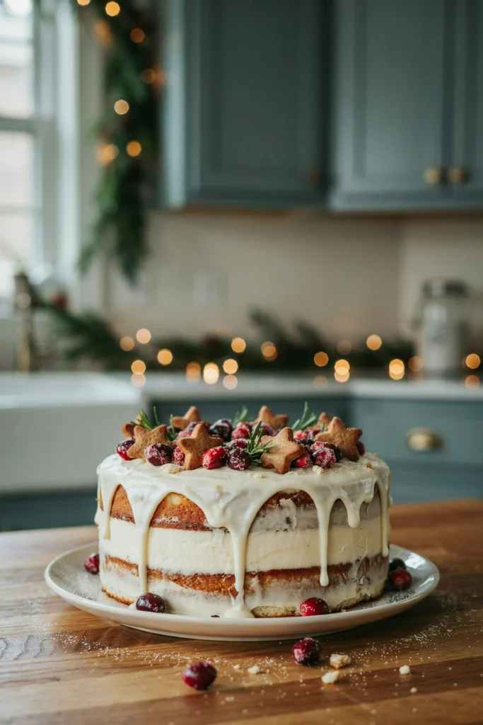 Three-tier naked cake with white ganache drip, sugared cranberries, and rosemary sprigs