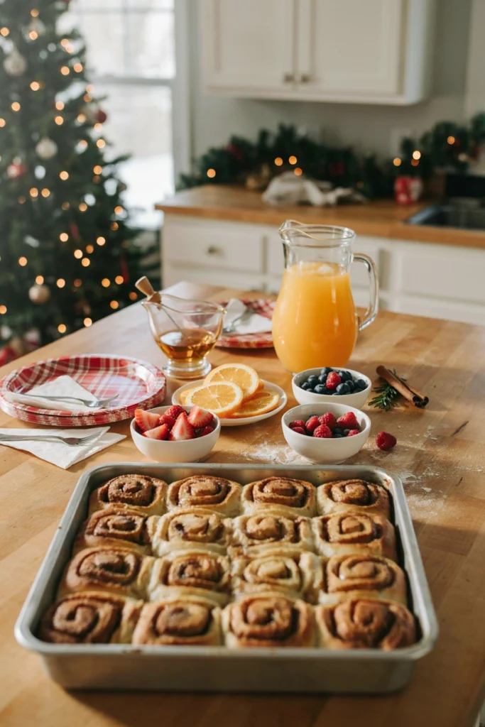 Empty table staged with Christmas-themed brunch plates, cinnamon rolls, fruit, and juice