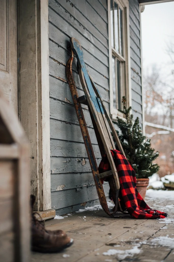 Vintage wooden sled leaning on porch with potted evergreen tree and plaid throw