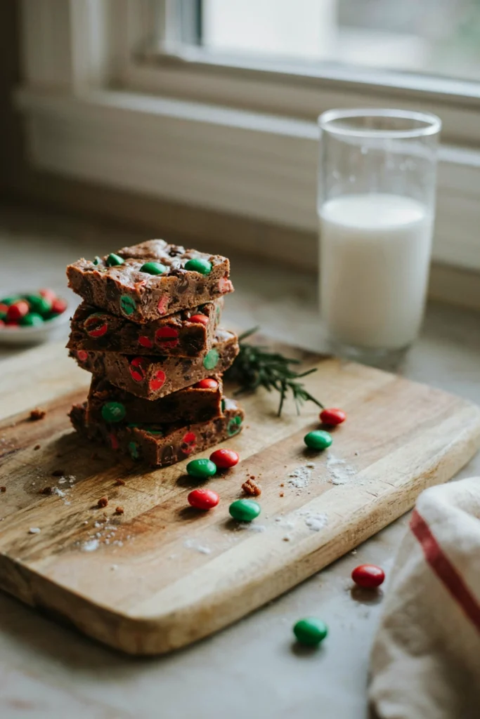 Thick cookie bars studded with red and green M&Ms, cut into squares