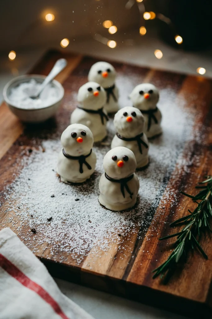 White chocolate covered Oreo balls stacked to look like snowmen with candy hats