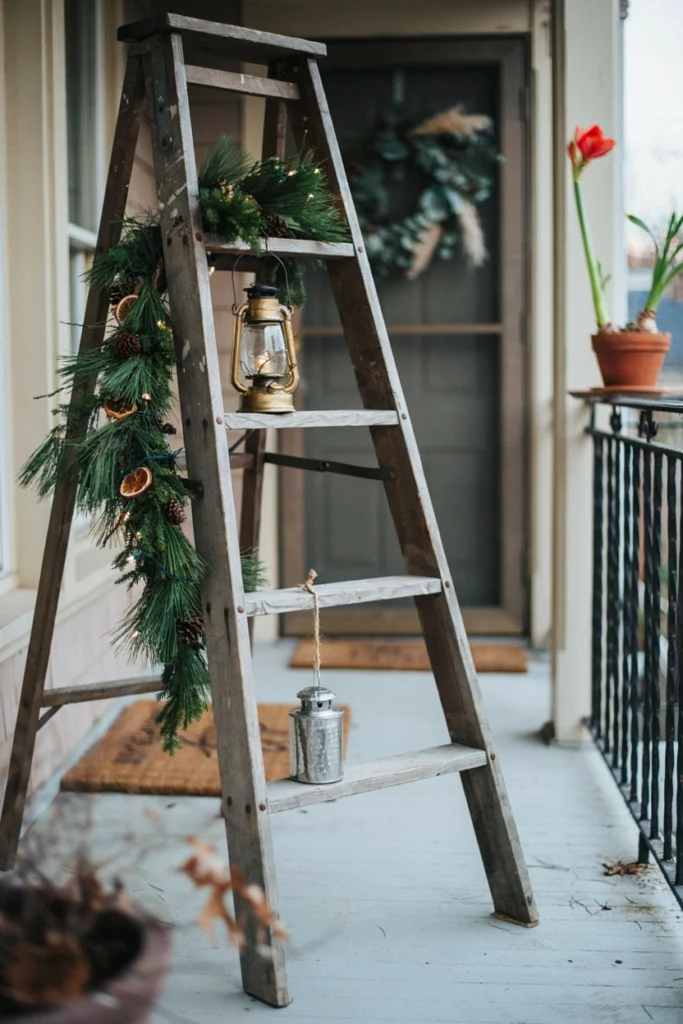 Wooden ladder decorated with natural garland and lanterns on farmhouse porch