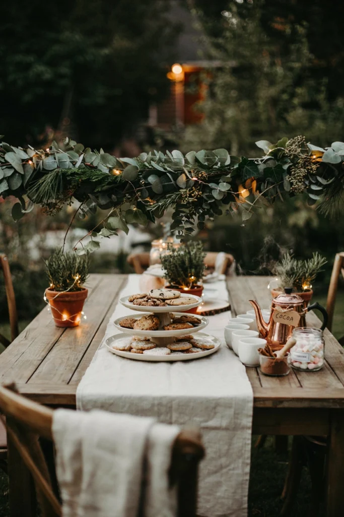 Dessert table lit with warm string lights, cookie platters and a hot cocoa station glowing underneath