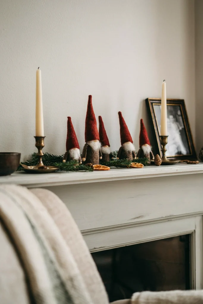 Ceramic and wood tomte gnome village displayed on a Christmas mantel