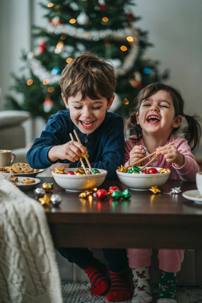 Two kids using chopsticks to transfer small plastic ornaments between bowls during a Christmas party relay game