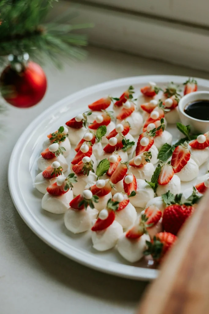 Rows of mini mozzarella balls topped with strawberry halves shaped like tiny Santa hats