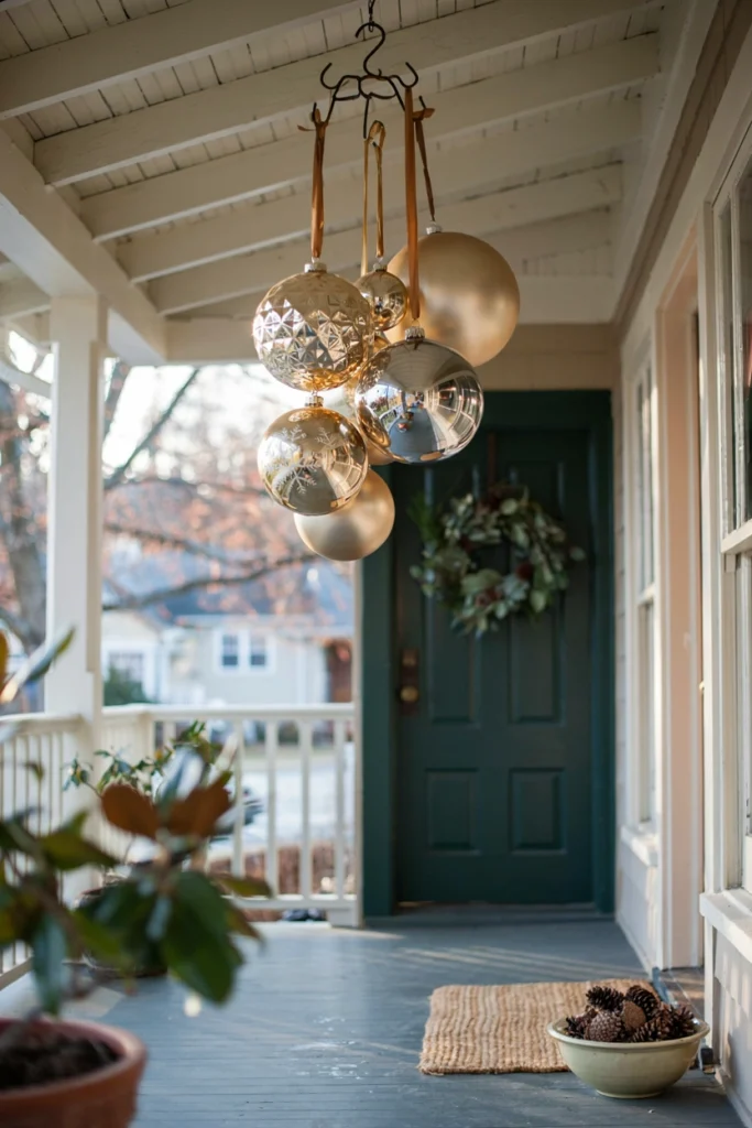 Oversized gold and champagne ornaments hanging from porch ceiling