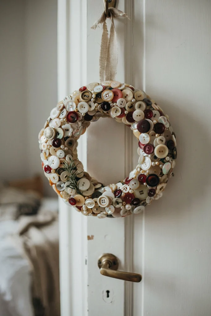 Small wreath entirely covered in mismatched vintage buttons in cream, brass, and red tones
