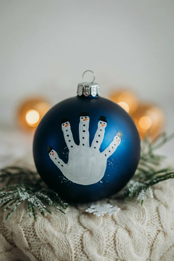 White handprint on a blue ornament decorated with a tiny orange nose and black button eyes to form a snowman