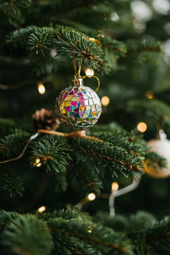Foam ball ornament covered in mosaic CD shards creating a mirrored disco-ball effect