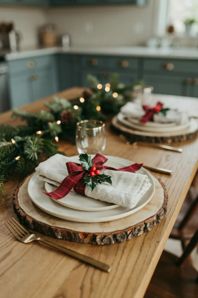 Cream linen napkin wrapped in red plaid ribbon with a sprig of holly