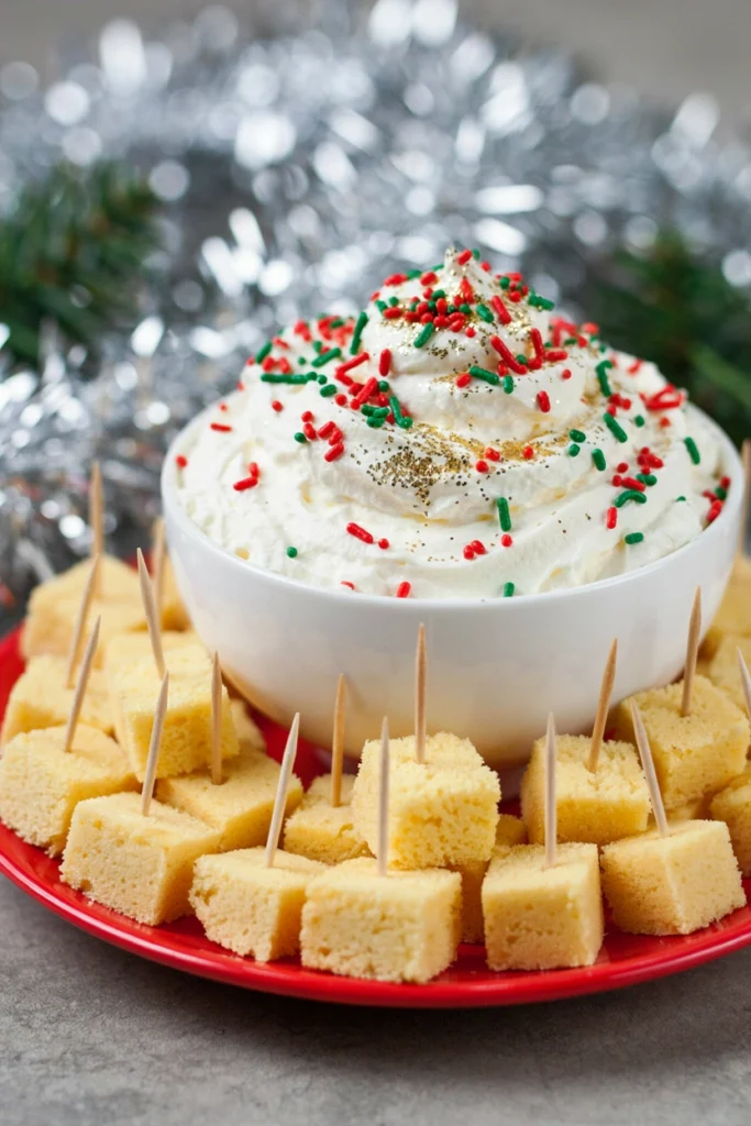 Sugar cookie skewers arranged around a bowl of vanilla frosting dip