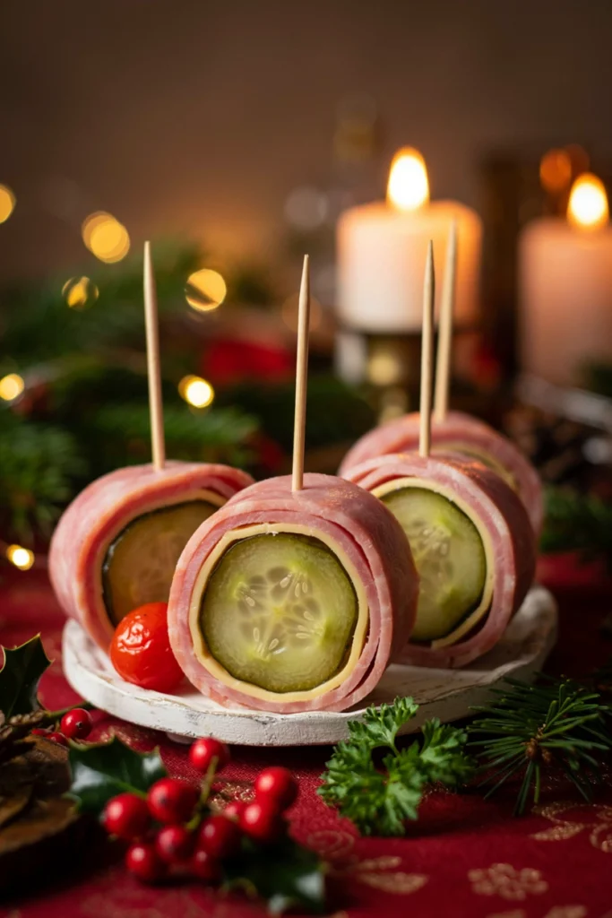 Ham and pickle pinwheel skewers sliced to show the spiral pattern