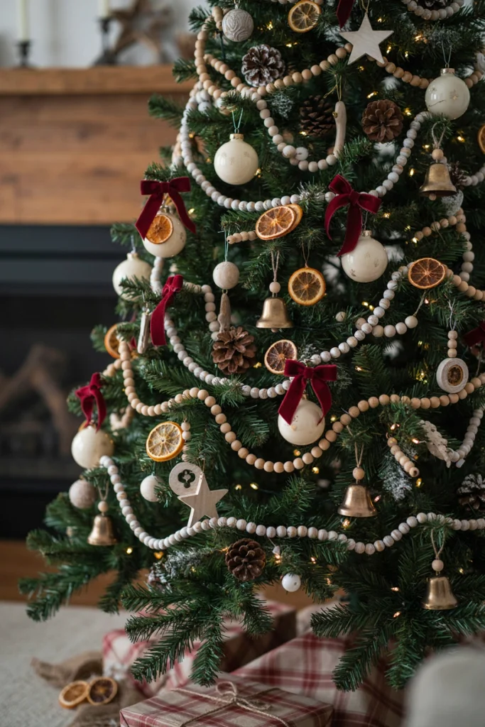 Christmas tree branch draped with a long wood bead garland in natural and whitewashed tones