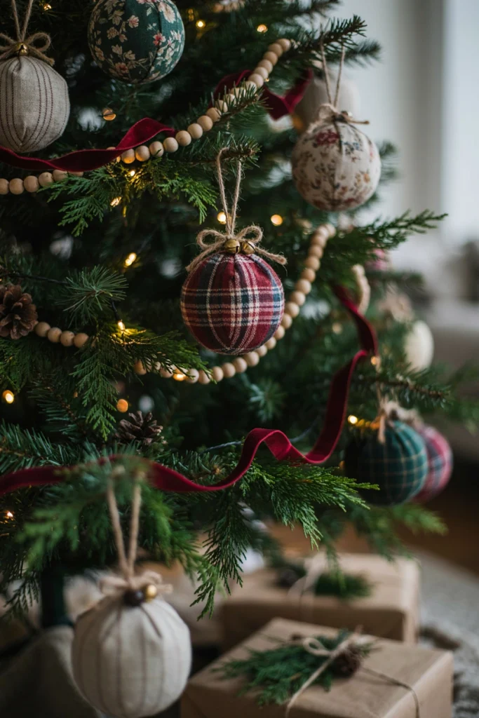 Fabric-wrapped ball ornaments in ticking stripe and grain sack patterns on a tree branch