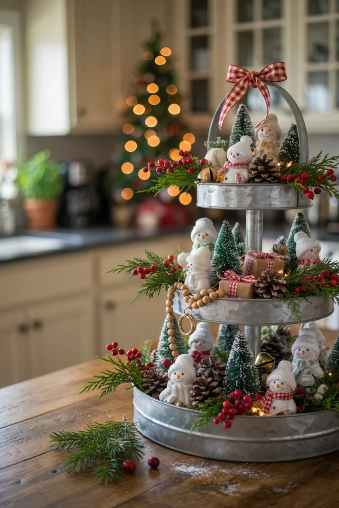 Two-tier tray styled with rustic wooden snowman signs and pine sprigs
