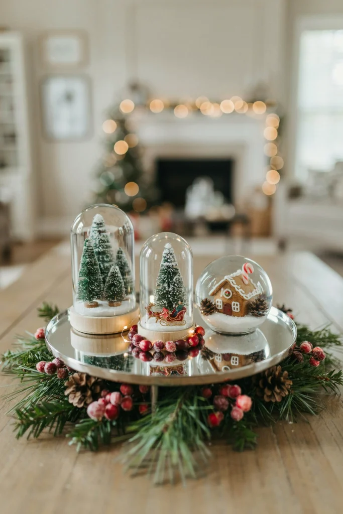 DIY snow globes clustered on a mirrored tray reflecting fairy lights