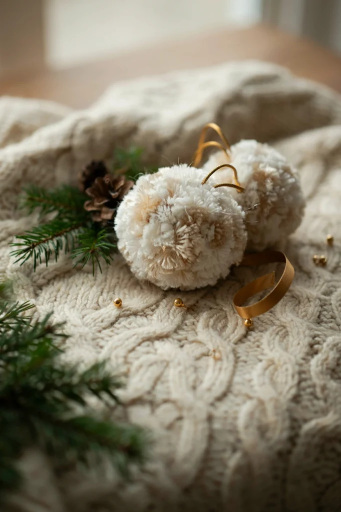 Cluster of white and cream pom-poms glued together in a spherical shape with a gold string attached, resembling a soft snowball ornament