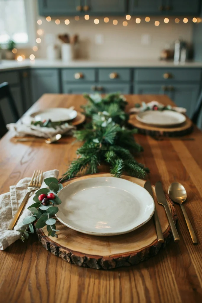 Rustic wood slab place setting with a linen napkin and a sprig of eucalyptus
