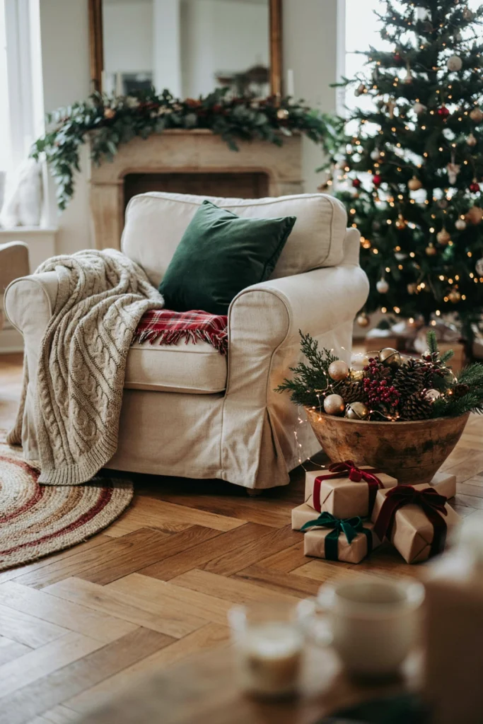 Cream chunky knit throw draped over a chair beside a wood dough bowl filled with pinecones