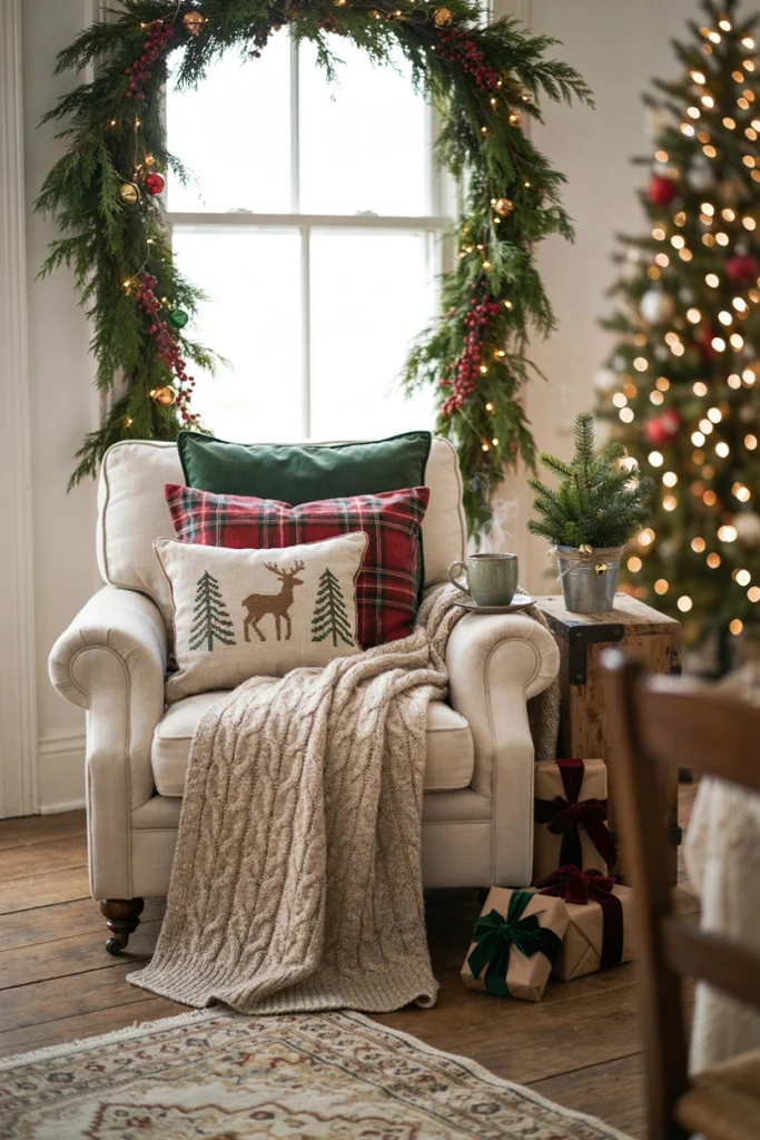 Reading nook styled with snowflake and deer motif Christmas throw pillows