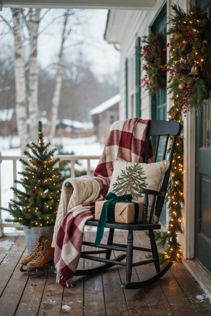Front porch rocking chair draped with a folded plaid blanket and a small wrapped gift