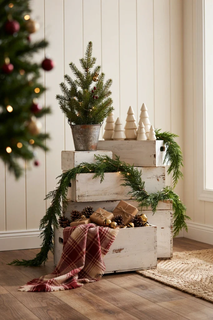 Stack of whitewashed wood crates of graduated sizes topped with a potted evergreen