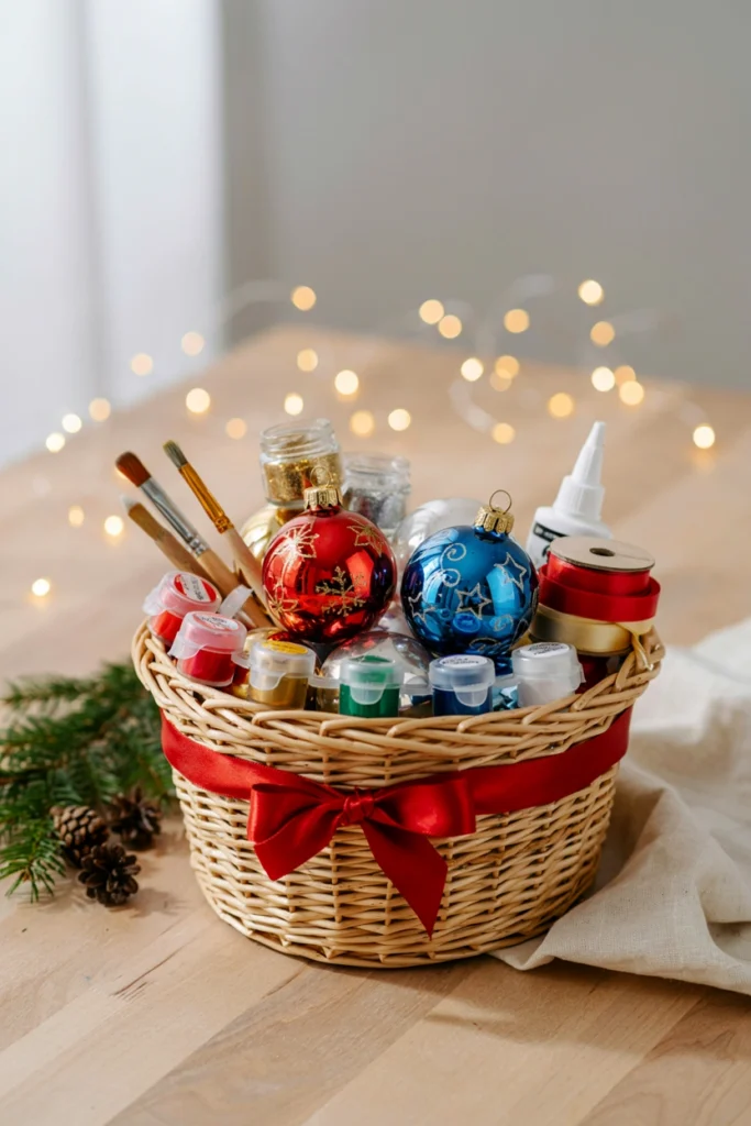 Ornament-making craft Christmas auction basket with paint and blank glass ornaments
