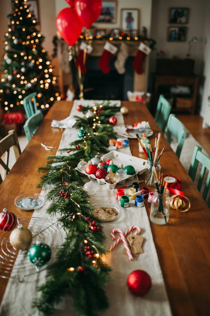 Empty craft table staged with paint, clear plastic ornament balls, and wood star cutouts for an ornament-making bar