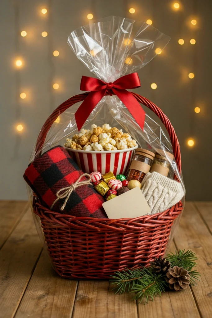 Family movie marathon Christmas auction basket with popcorn bowl and fleece throw