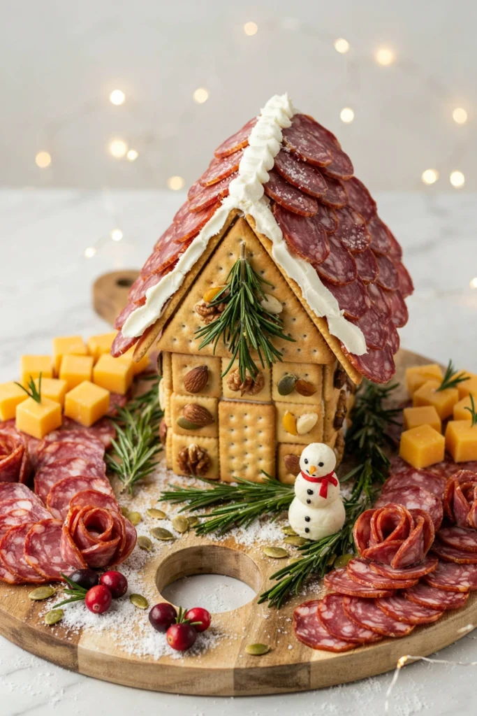 A miniature cheese board designed like a gingerbread house using crackers, cheese cubes, pretzel sticks, and dried cranberries. class=