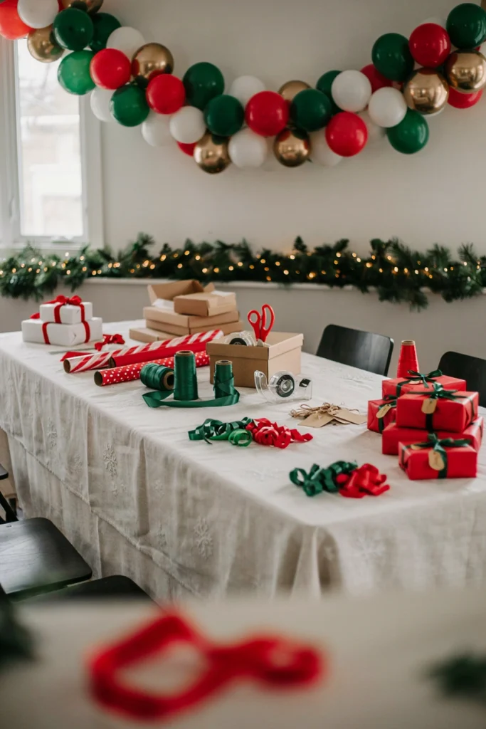 Pile of wrapped gifts arranged for a gift swap game, styled and playful
