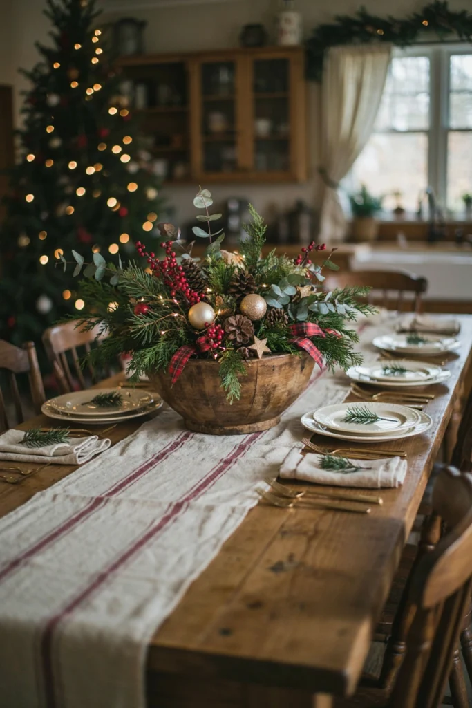 Striped grain sack table runner topped with a filled dough bowl centerpiece