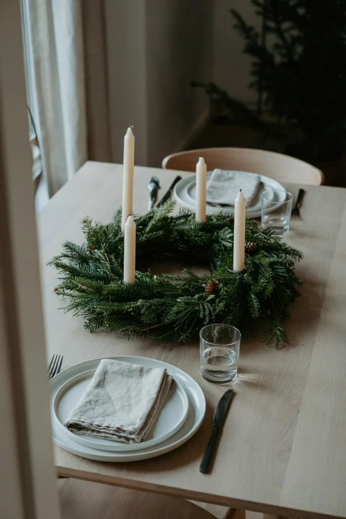 Flat evergreen Advent wreath centerpiece with ivory pillar candles