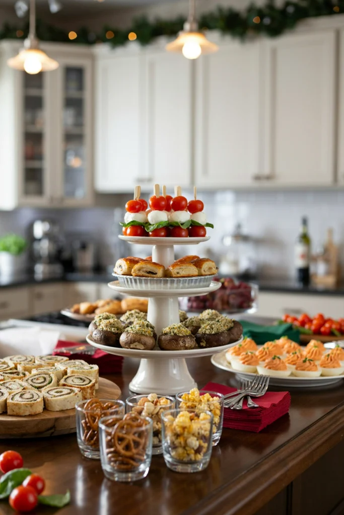 Skewers and mini hand-held holiday appetizers arranged on tiered trays for a Friendsmas finger food table