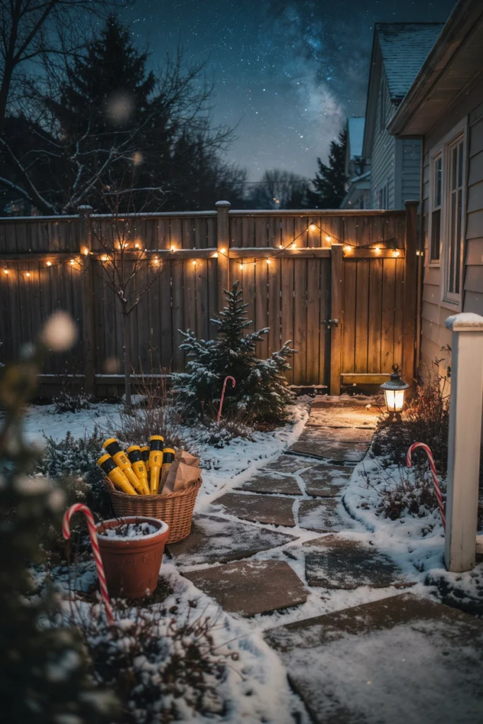 Empty backyard staged for a nighttime candy cane hunt with warm string lights glowing
