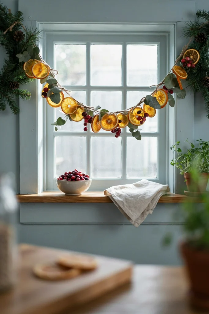 Garland of dried orange slices and fresh cranberries draped across a window