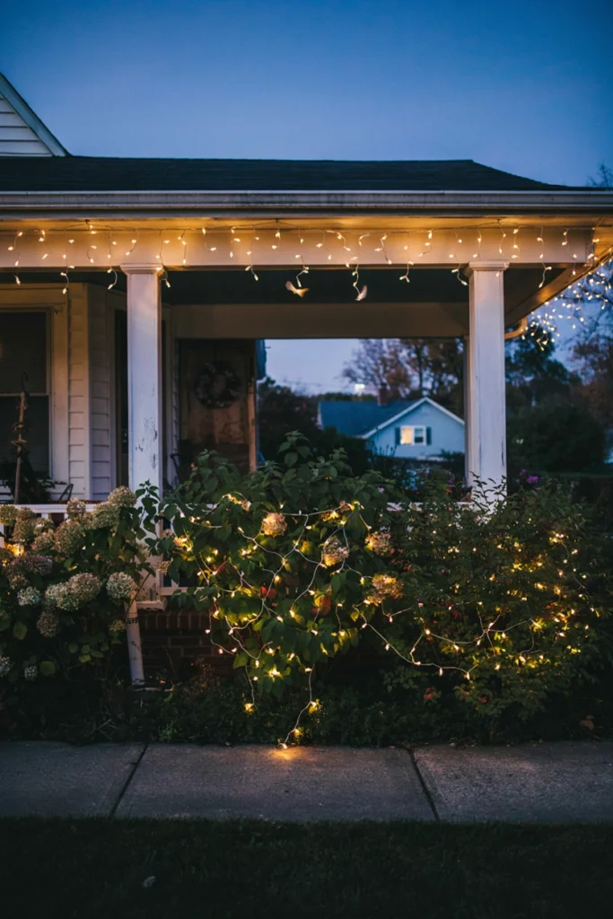 Icicle lights on porch roofline layered with net lights on shrubs at dusk