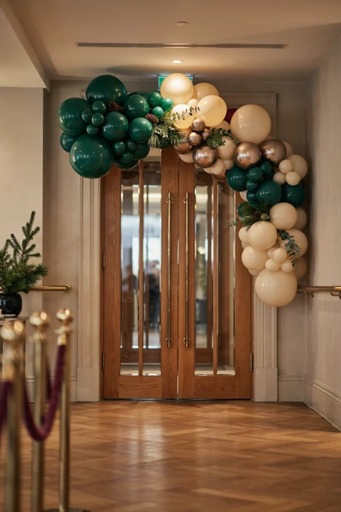 Organic red, white, and gold balloon garland arching over double doors at an event entrance